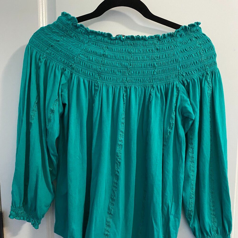 Lauren Ralph Lauren Off Shoulder Balloon Sleeves Turquoise Peasant  Top